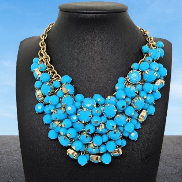 H&M Jewelry - H&M Blue Beaded Gold Tone  Chain Bib Necklace - Adjustable 11-18"
